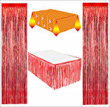 Taraftar Sarı Kırmızı Masa Örtüsü, Kırmızı Masa Eteği, 2 Adet Kırmızı Arka Fon