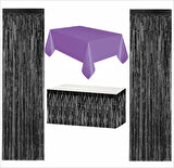 Mor Masa Örtüsü, Siyah Masa Eteği,  2 Adet Siyah Arka Fon