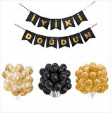 SİYAH-GOLD-ŞEFFAF BALON+BANNER SETİ