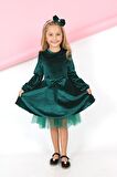 Kız Çocuk Kadife Kumaş Tül Detaylı Diz Boyu Tokalı Elbise