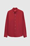 Slim Fit Bordo Oxford Düğmeli Yaka Kolay Ütülenebilir Nakış Detaylı Pamuklu Gömlek 4HC02ORT03265