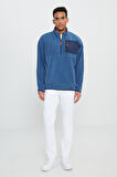 Erkek Indigo Oversize Bol Kesim Bato Yaka Cep Detaylı Fermuarlı Isı Tutan Polar Sweatshirt