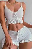 Merry See Özel Örme Kumaş Askılı Şortlu Pijama Takımı Beyaz