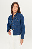 %100 Pamuk Regular Fit Normal Kesim Desenli Mavi Denim Jean Ceket