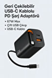 Hızlı Şarj Adaptörü | USB-C + USB-A | Dahili Kablo | Kompakt Şarj Cihazı GaN  67W GaN 