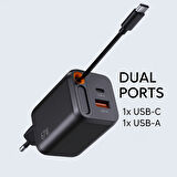 Hızlı Şarj Adaptörü | USB-C + USB-A | Dahili Kablo | Kompakt Şarj Cihazı GaN  67W GaN 