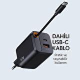 Hızlı Şarj Adaptörü | USB-C + USB-A | Dahili Kablo | Kompakt Şarj Cihazı GaN  67W GaN 