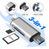 USB 2.0 3 in 1 Kart Okuyucu ve USB Çoklayıcı – Type-C, Micro USB, SD/TF Kart Desteği Zr825