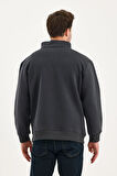 Unisex Sweatshirt Rahat Kesim Pamuklu Içi Polarlı Yarım Fermuarlı Dik Yaka Sweatshirt