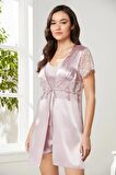 Pierre Cardin Saten Dantelli 3'lü Şort Kombi Sabahlık Takımı 2480 - Rose