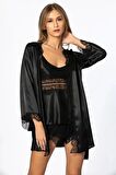 Pierre Cardin Saten Dantelli 3'lü Şort Kombi Sabahlık Takımı 2490 - Siyah
