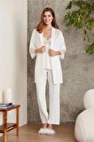 Pierre Cardin Dantelli Penye 3'lü Kadın Pijama Takımı 2820 - Ekru