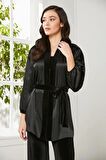 Pierre Cardin Kadife Saten 3'lü Kadın Crop'lu Pijama Takımı 2050 - Siyah