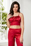 Pierre Cardin Saten 3'lü Crop'lu Kadın Pijama Takımı 2075 - Kırmızı
