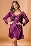 Nurteks Kaplı Saten Mor Kimono Takım 5384