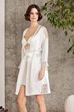 Pierre Cardin 6'lı Saten Gecelik Sabahlık Takım Çeyiz Seti 6000 - Ekru