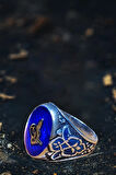 Erkek Gümüş Yüzük - Mavi Taşlı Ortası Osmanlı Tuğrası İşlemeli Erkek Yüzük