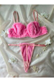 Pembe Peluş Sütyen ve String Takımı Kadın İç Çamaşırı Seti