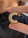 Yarım Halka Boru Model Full Taşlı Elegant Altın Kaplama Gold Renkli Çelik Küpe