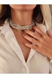 Gümüş Kaplama Taşlı Çoklu Görünümlü Choker Tasma Kolye