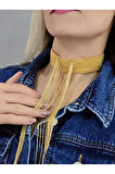 15 Sıralı Zincir V Model Dokuma Sallantılı Vücut Tasma Choker El Yapımı Altın Renk Kolye