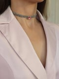 Kordon Zincir Örme Kristal Taşlı El Yapımı Choker Tasma Pembe Silver Renk Kolye
