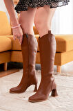 Gita Taba Deri Topuklu ( 8 cm Topuklu ) Yanı Fermuarlı Günlük Kullanım Çizme