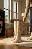 Hulbery Bej Deri ( 3,5 Cm Topuk Boyu) Yanı Tokalı Günlük Kadın Çizme
