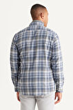 Erkek Mavi-Beyaz Slim Fit Dar Kesim Düğmeli Yaka Pamuklu Ekose Desenli Flanel Oduncu Gömlek