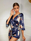 AmoraSecret AmoraSecret Çiçek Desenli Mavi Mini Saten Gecelik Sabahlık