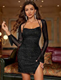 AmoraSecret AmoraSecret Siyah Yırtmaç Detay Simli Fantezi Mini Club Elbisesi