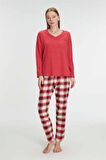 AmoraSecret AmoraSecret Pamuklu Kışlık Kare Desenli Uzun Kol Pijama Takımı