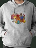 Grafiti Baskılı Tasarım 3 İplik Kalın Gri  Sweatshirt Hoodie 