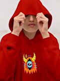 Monster Canavar Eye Baskılı Tasarım 3 İplik Kalın Kırmızı Sweatshirt Hoodie 