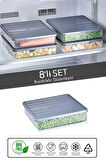8 Adet Buzdolabı Düzenleyici - Difriz Saklama Kabı Seti - Mikrodalga Uyumlu Organizer 8x2500 ml