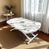 Oval Yan Baştan Açılır Akıllı Masa Üst Mdf Beyaz Mermer  Alt Ayak Beyaz Renk