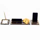 Star Gold Mermer Desen Kalemli Ahşap Masa İsimliği Hediye Masa Seti Ofis Masaüstü İsimlik Organizer