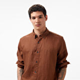 Nautica Erkek Kahverengi Classic Fit Uzun Kollu Keten Gömlek