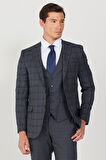Erkek Lacivert-gri Slim Fit Dar Kesim Mono Yaka Kareli Yelekli Klasik Takım Elbise