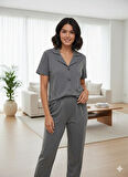 KADIN GRİ DÜĞME DETAYLI PİJAMA TAKIMI