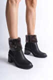 KATYA Fermuarlı Ortopedik Taban Topuklu Kürk DetaylıKadın Bot  ST - Siyah