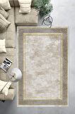 Krem-Gold Deko Deri Kaymaz Taban Salon-Hol Saçaksız Halı B1181
