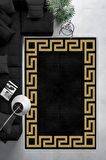 Siyah-Gold Deko Deri Kaymaz Taban Versace Salon Saçaksız Halı B1240-1