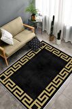 Siyah-Gold Deko Deri Kaymaz Taban Versace Salon Saçaksız Halı B1240-1