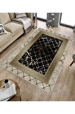 Vizon-Siyah Deko Deri Kaymaz Taban Versace Salon Saçaksız Halı B1277