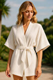 S-Mall Bürümcük Müslin Kadın Kimono - Bağlamalı - Kısa Kollu - Beyaz