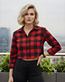 Kadın Ekose Crop Gömlek - Kırmızı