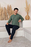 Erkek 3 Düğmeli %100 Pamuk Mevsimlik Uzun Kol Cepli Pijama Takımı