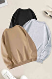 Uyguntarz 3'lu Paket Bej Gri Siyah Oversize Sweatshirt