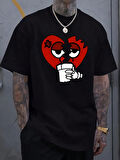 Unisex Kırık Kalp bardak Baskılı Oversize Tshirt